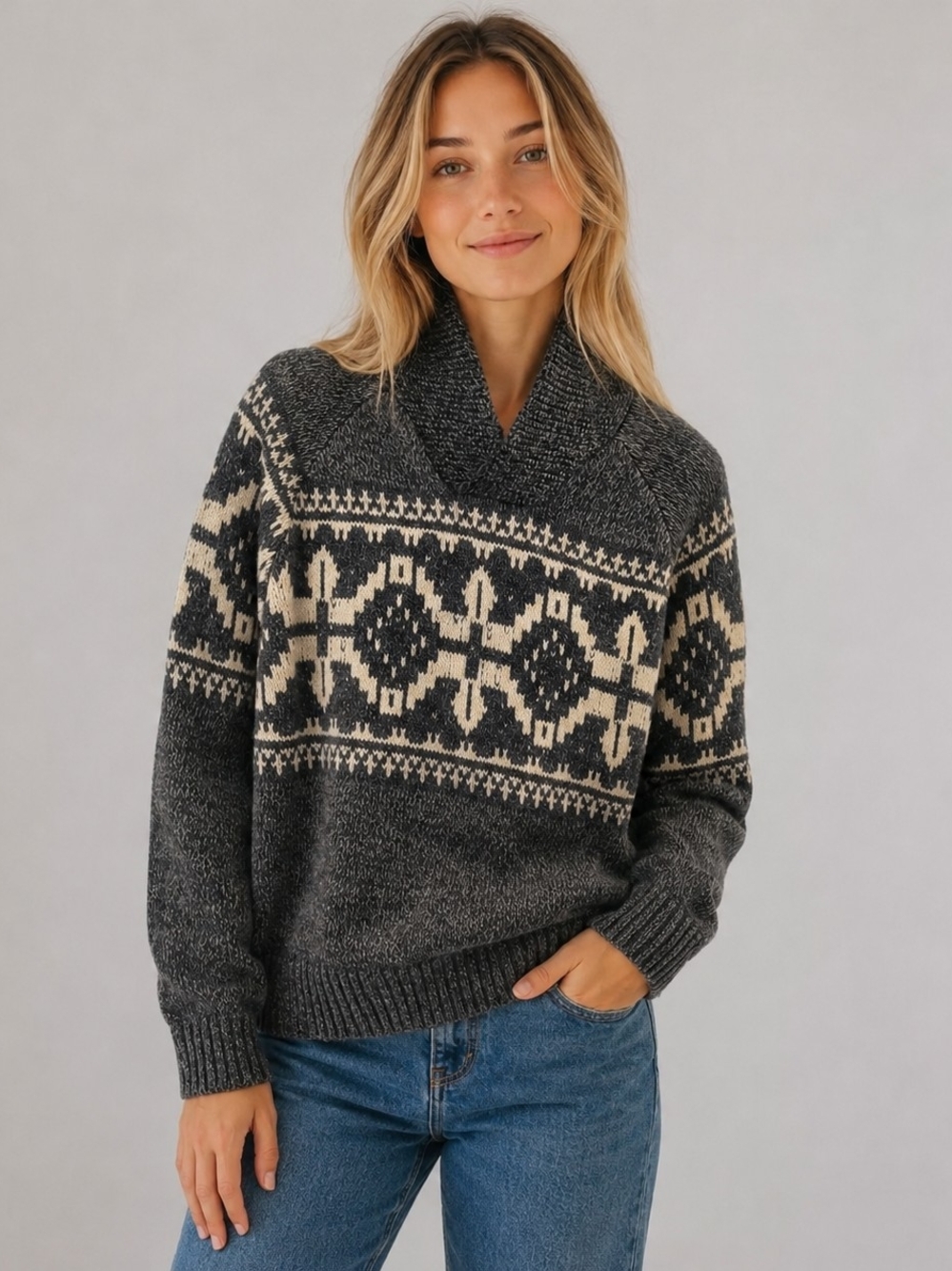 DENVER Hayes FairIsle Cowl Neck Sweater Womens S/P Cabinstyle Christmas Sweater